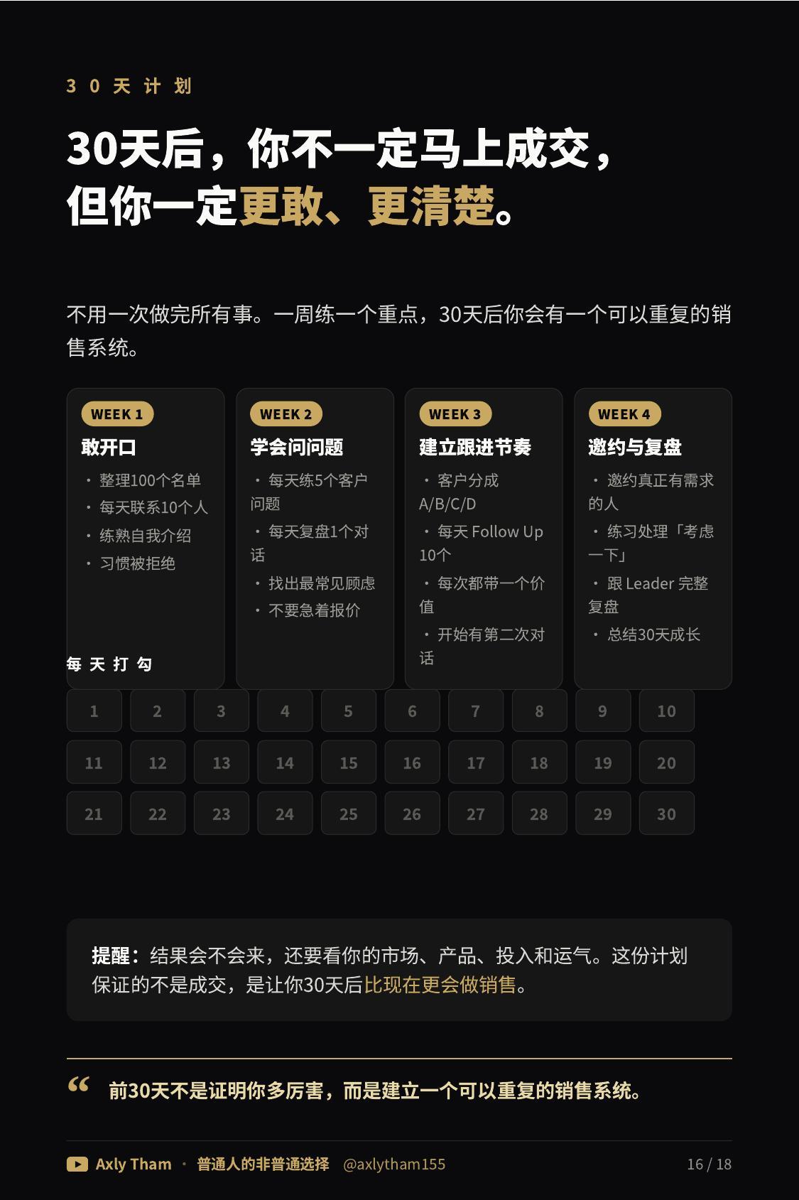 手册内页：销售新人 Week 1 到 Week 4 的30天计划