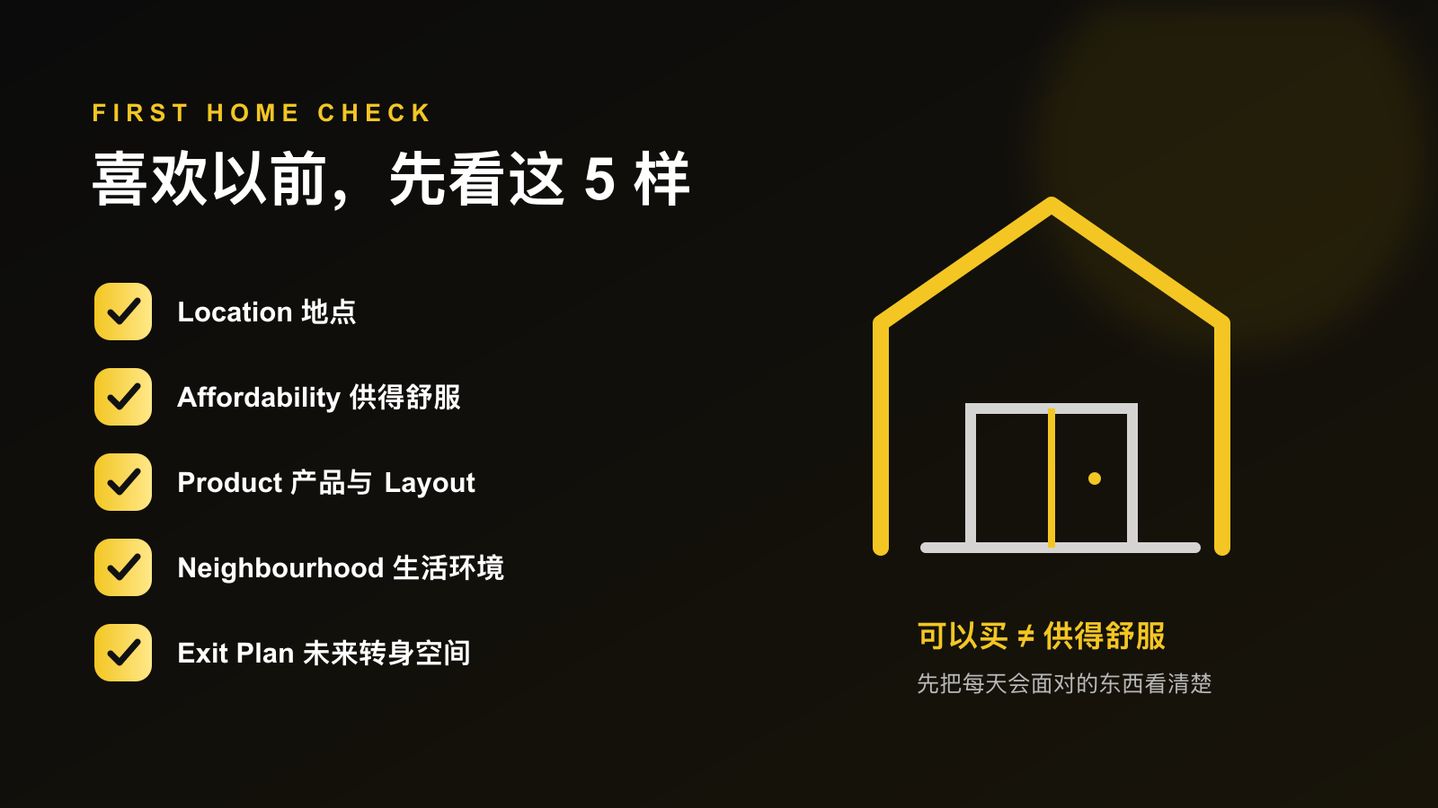 第一次买房前检查地点、供款、产品、生活环境和退出空间